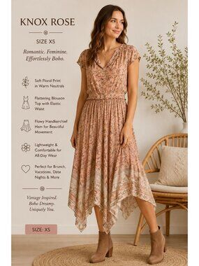 Knox Rose Women’s XS Floral Midi Dress Boho Romantic Cottagecore Flowy resort